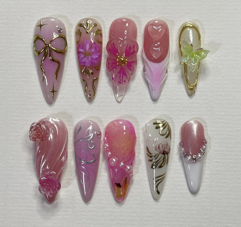 Secret Garden Long Almond Flowers Press On Nails