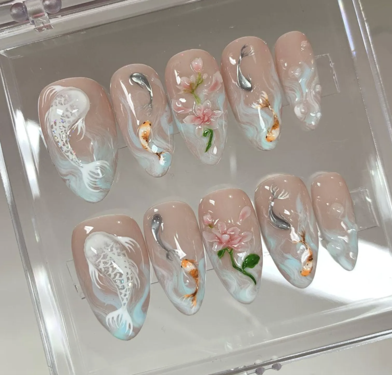 Koi Pond Bliss Press On Nails | Koi Floral Acrylic Nails