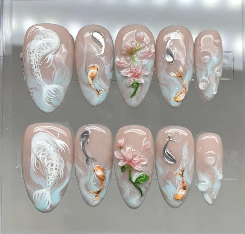 Koi Pond Bliss Press On Nails | Koi Floral Acrylic Nails - Image 2