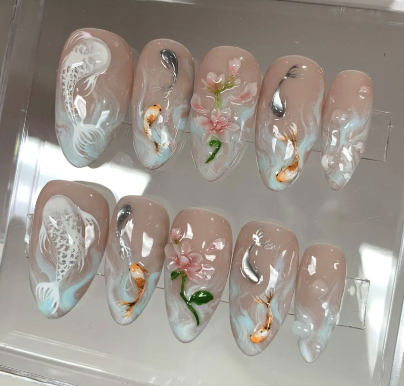 Koi Pond Bliss Press On Nails | Koi Floral Acrylic Nails - Image 3